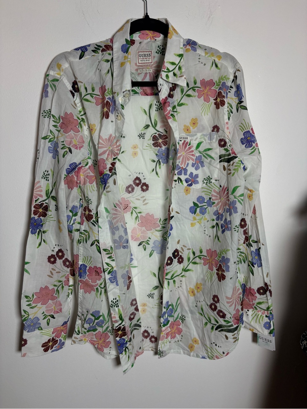 GUESS White Floral Button-Down Shirt with Pink, Blue & Green Accents